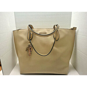 Steve Madden Beige Saffiano Tote Shoulder Bag Purse Zip Top Large w/ Charm
